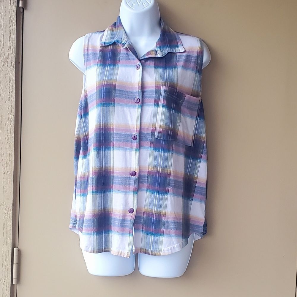 90s Grunge Plaid Button Down Sleeveless Shirt